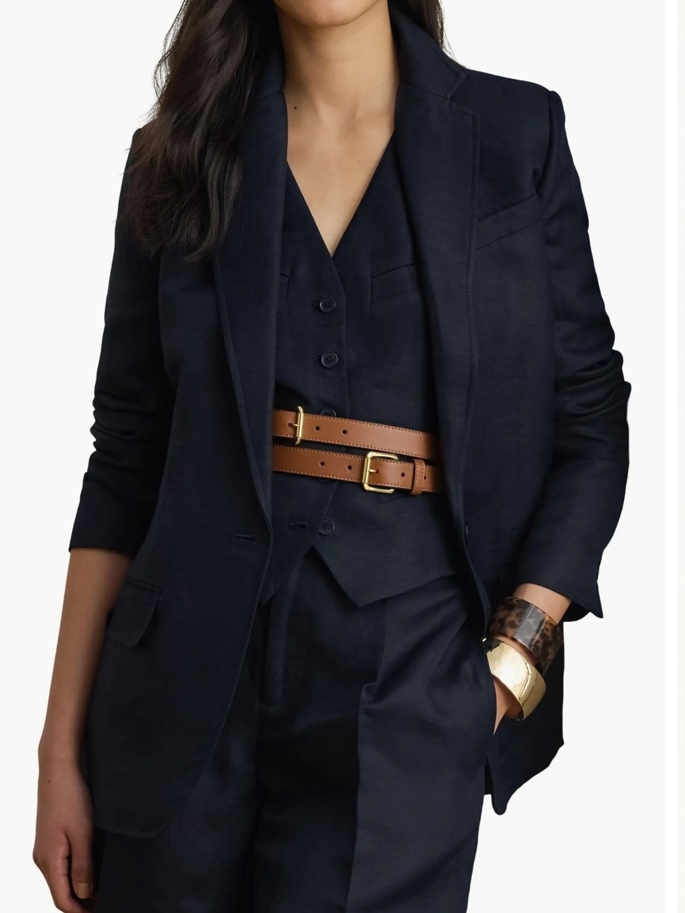 Lauren Ralph Lauren Linen-Blend Blazer Navy Women Pockets Lined